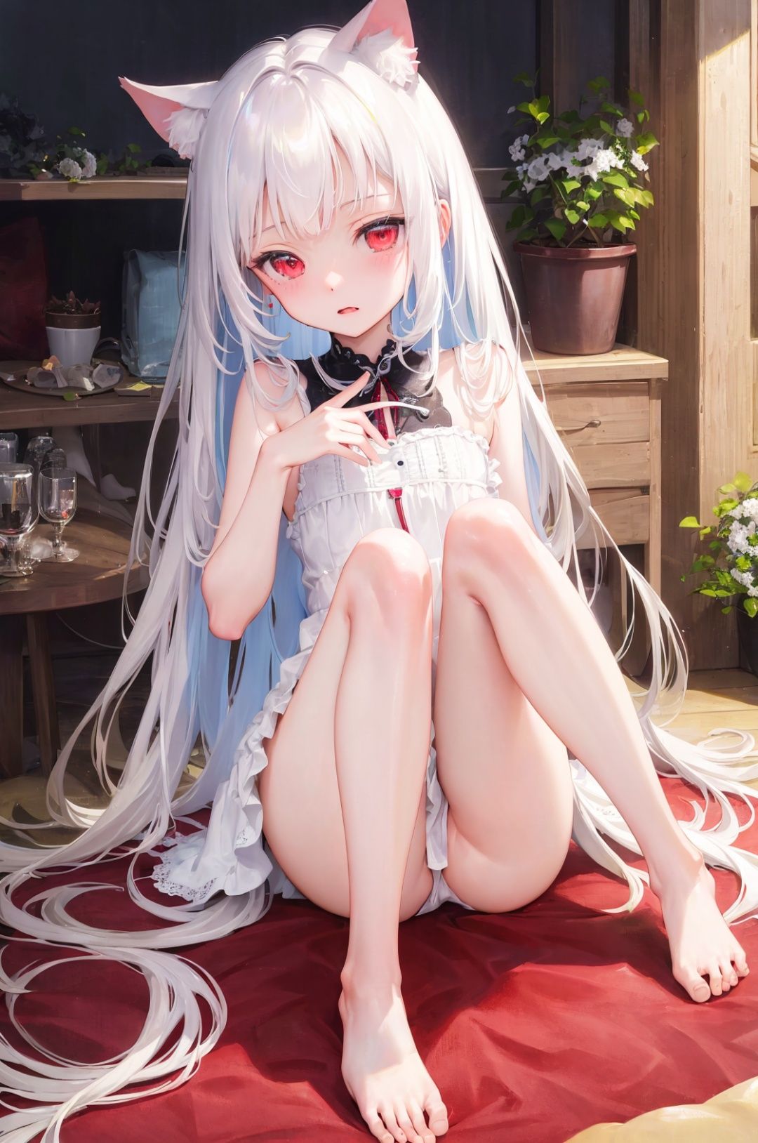 ((masterpiece, best quality)),extremely detailed CG ,unity 8k wallpaper,best quality, ultra-detailed beautiful, illumination, best shadow, extremely delicate,1girl, red eyes, barefoot, white hair,absurdres, absurdly long hair,loli,petite, cat ears,