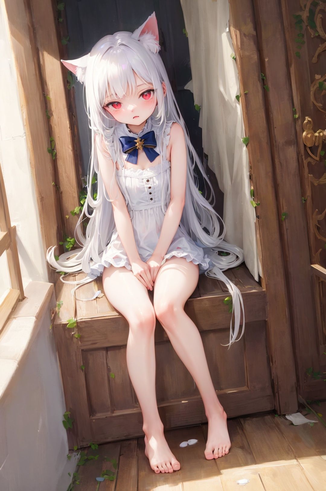 ((masterpiece, best quality)),extremely detailed CG ,unity 8k wallpaper,best quality, ultra-detailed beautiful, illumination, best shadow, extremely delicate,1girl, red eyes, barefoot, white hair,absurdres, absurdly long hair,loli,petite, cat ears,