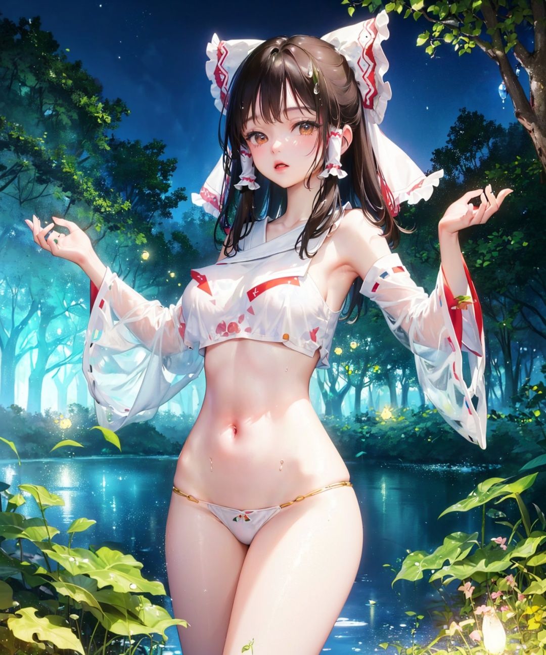 (realistic:1.1),((masterpiece)),(best quality:1.2),(very fine 8K CG wallpaper1.2),(sunny:1.2),colorful,(ultra-detailed:1.2),(illustration:1.2),(Cinematic Lighting),(In this whimsical and fantastical garden:1.2),(a serene lake sparkles under the light of sun. The scene is further illuminated by the colorful fireflies dancing around the garden),(as droplets of water cling to the lush greenery and vibrant flowers that line the shores of the lake.),(creating a magical ambiance. A gentle drizzle adds to the ethereal atmosphere),1girl,(cowboy shot:1.4),(Hakurei Reimu:1.3),Brown Hair,Witch Clothing,Large red Bow,(navel:1.2),(bare belly:1.1),(pale skin:1.2),(skinny:1.3),(Abdominal muscles:0.6),wet,