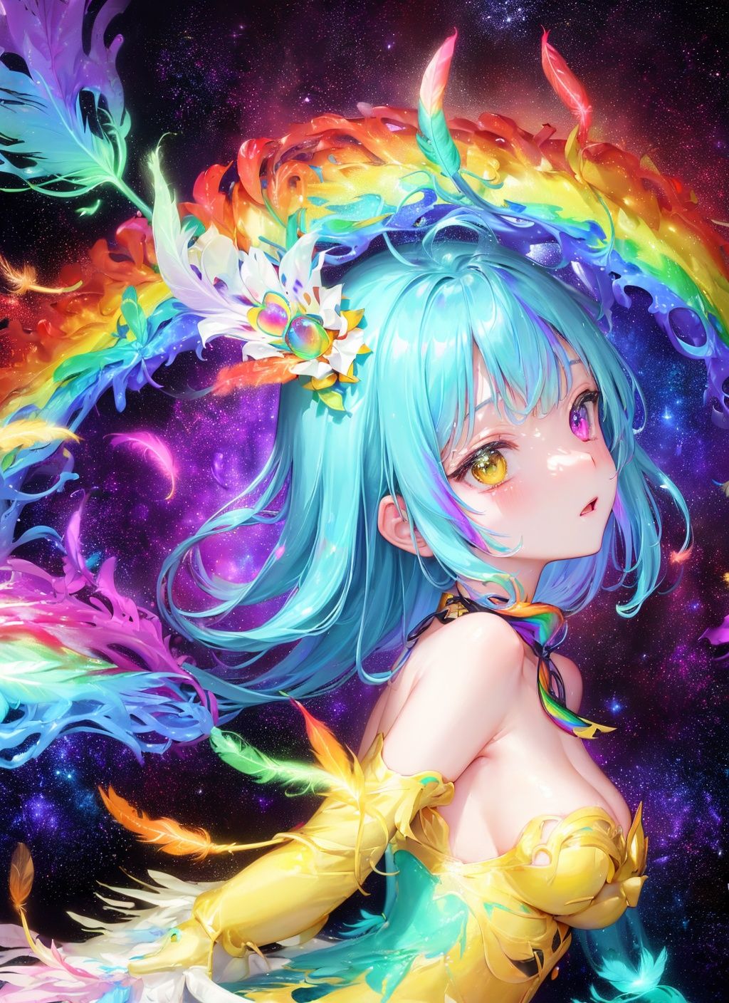 (paint effect:1.3), ((lots of galaxy+rainbow color feathers):1.3), (mixed rainbow color), flowing, (Melted, splashed ink)([1 peacock:1 loli:0.3]:1.2), rainbow hair, cute face, upper body, Hair flowers, decorative art, (Heterochromatic<(purple, yellow)>:1.2), Cleavage, (from side:1.2)rainbow color(lots of feathers:1.3), <lora:EMS-1495-EMS:0.3>