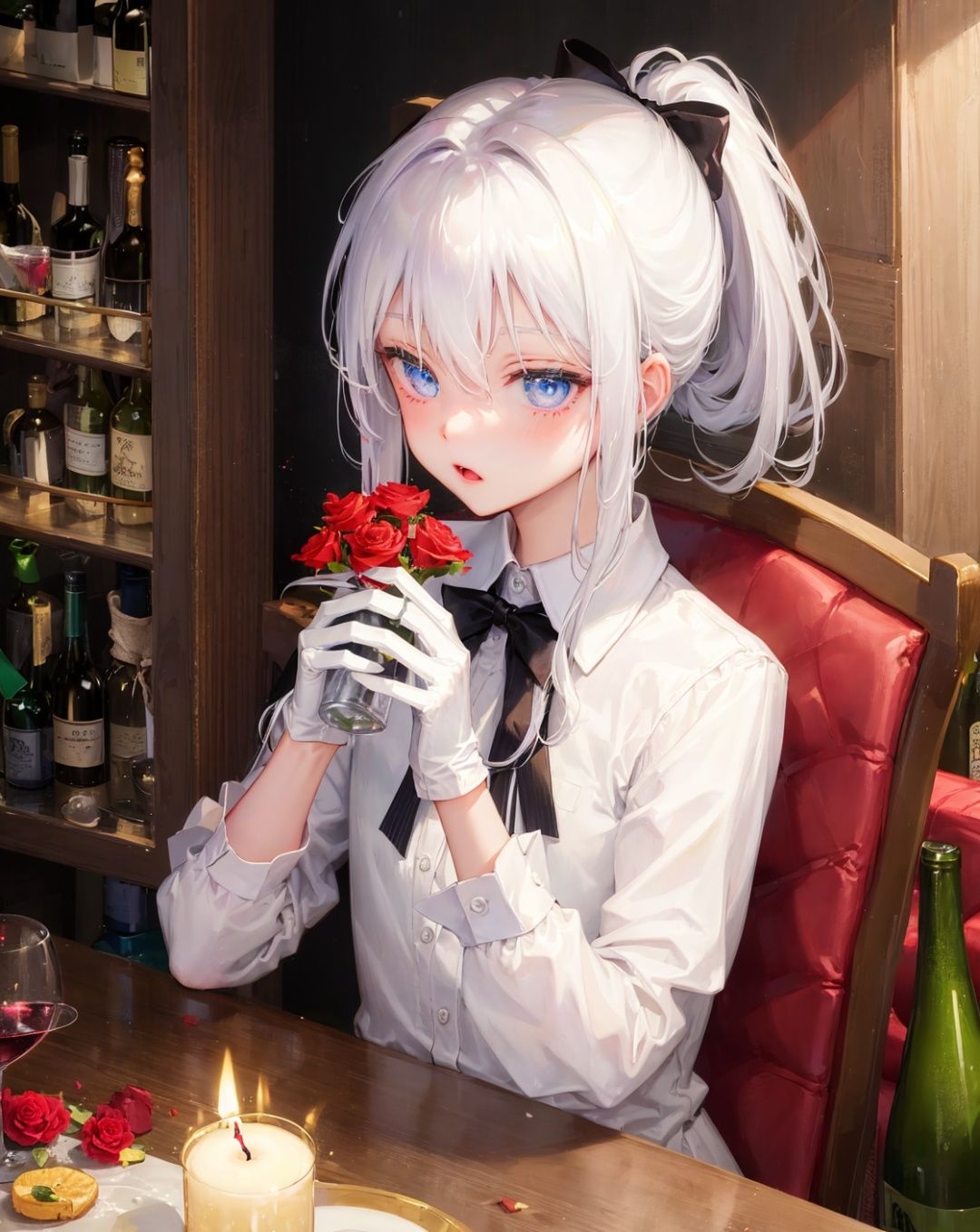 candle, gloves, flower, solo, white hair, white gloves, male focus, looking at viewer, shirt, 1boy, food, bottle, wine bottle, wine glass, drinking glass, candlestand, black ribbon, ribbon, blue eyes, cup, own hands together, white flower, rose, hair between eyes, white shirt, grapes, wine, alcohol, fruit, bangs, long sleeves, red flower, table, bow, upper body, black bow, sitting, collared shirt, neck ribbon, low ponytail, hair ribbon, chair, androgynous, bouquet, ponytail, fire, red rose,