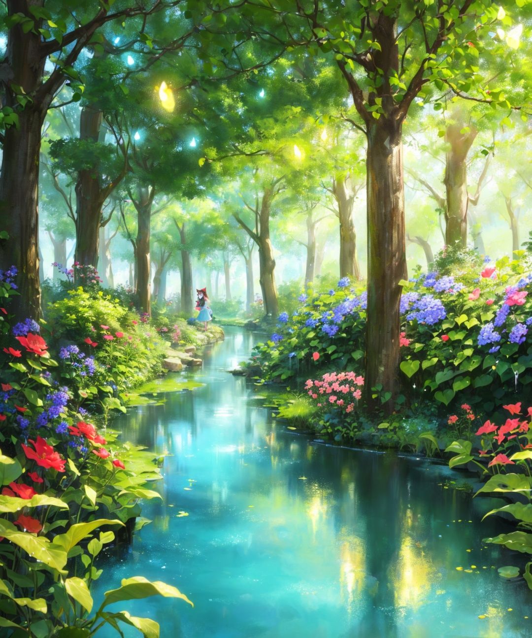(realistic:1.1),((masterpiece)),(best quality:1.2),(very fine 8K CG wallpaper1.2),(sunny:1.2),colorful,(ultra-detailed:1.2),(illustration:1.2),(Cinematic Lighting),(In this whimsical and fantastical garden:1.2),(a serene lake sparkles under the light of sun. The scene is further illuminated by the colorful fireflies dancing around the garden),(as droplets of water cling to the lush greenery and vibrant flowers that line the shores of the lake.),(creating a magical ambiance. A gentle drizzle adds to the ethereal atmosphere),(Hakurei Reimu:1.3),Brown Hair,Witch Clothing,Shoulder,Large Bow,