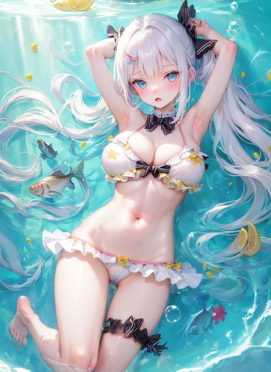 (1girl:1.2),(bubble:1.2),(rating:safe:1.2),(underwater:1.2),(air_bubble:1.2),(long_hair:1.2),(swimsuit:1.1),(fish:1.1),(water:1.1),(bikini:1.1),(blue_eyes),(ocean),(breasts),(barefoot),solo,very_long_hair,armpits,freediving,navel,bare_shoulders,bow,frills,looking_at_viewer,parted_lips,swimming,coral,frilled_bikini,shell,jewelry,bangs,(big_breasts:1.3),water_drop,caustics,bare_legs,light_rays,eyebrows_visible_through_hair,white_bikini,horizon,thighs,lemon,blush,hair_bow,on_back,sunlight,arms_up,blue_bow,outdoors,thigh_strap,bare_arms,(pale skin:1.2),(Flat lower abdomen:1.2),white hair,(side ponytail:1.1),
