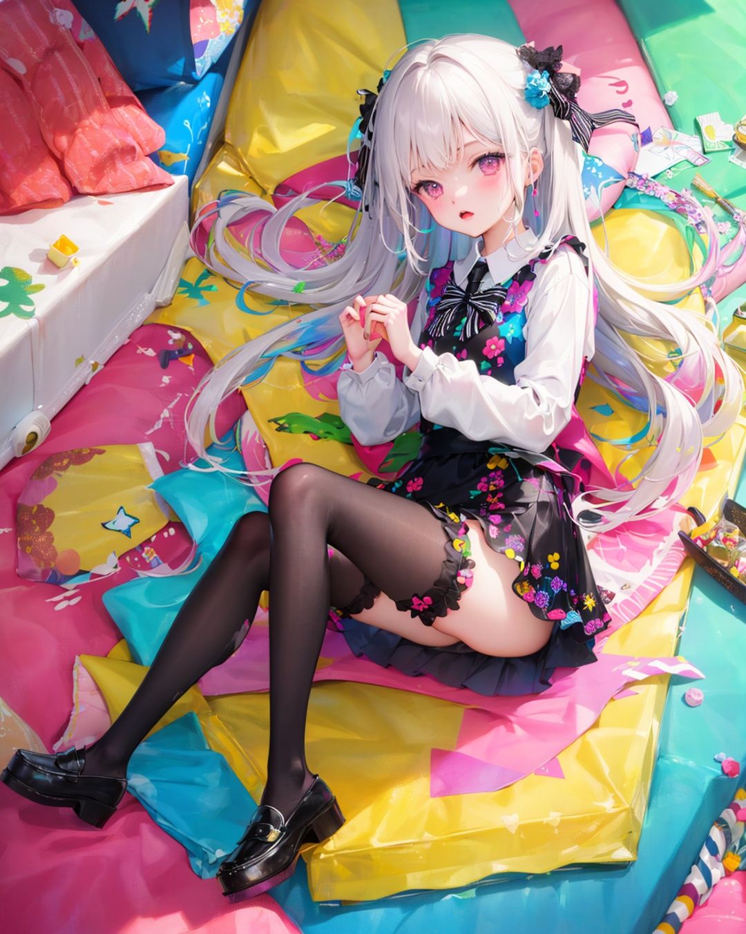 //,masterpiece, ((best quality)), (ultra-detailed), (illustration), an extremely delicate and beautiful, dynamic angle, chromatic aberration,((Medium shot)), ((colorful)),//,(full body:0.8),1girl,little girl,loli,stampede,full view,stockings_painting,loafers,Paint splash,tie-dye