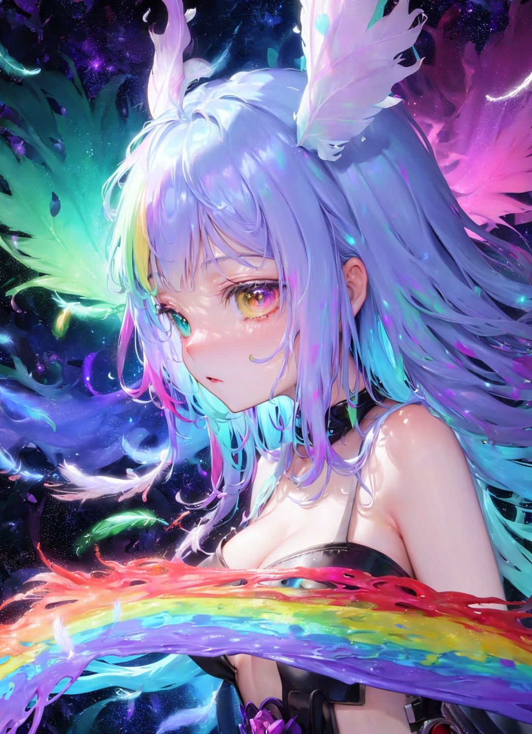 (paint effect:1.3), ((lots of galaxy+rainbow color feathers):1.3), (mixed rainbow color), flowing, (Melted, splashed ink)([1 peacock:1 loli:0.3]:1.2), rainbow hair, cute face, upper body, Hair flowers, decorative art, (Heterochromatic<(purple, yellow)>:1.2), Cleavage, (from side:1.2)rainbow color(lots of feathers:1.3)