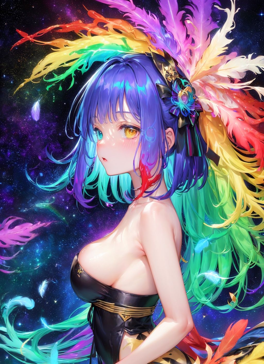 (paint effect:1.3), ((lots of galaxy+rainbow color feathers):1.3), (mixed rainbow color), flowing, (Melted, splashed ink)([1 peacock:1 loli:0.3]:1.2), rainbow hair, cute face, upper body, Hair flowers, decorative art, (Heterochromatic<(purple, yellow)>:1.2), Cleavage, (from side:1.2)rainbow color(lots of feathers:1.3),topless,pale skin, <lora:EMS-1495-EMS:0.3>