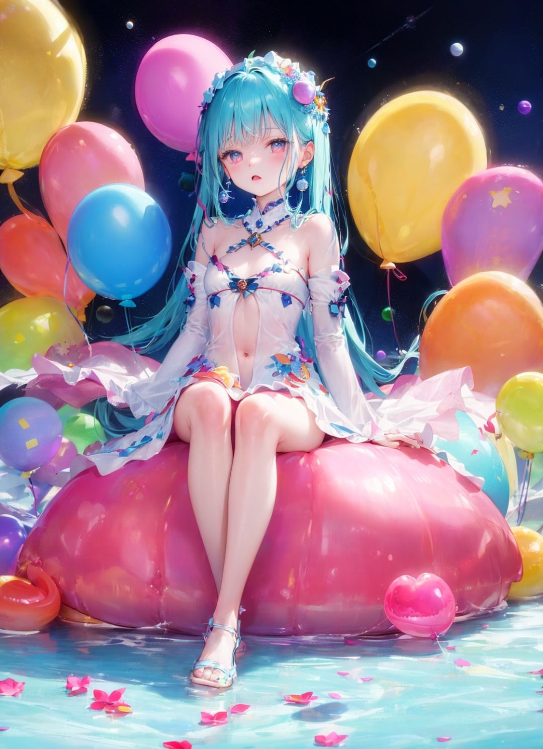 ([balloons:Small planets:0.5]:1.4), (Small_planets inside of balloons:1.4), (lots of colorful Small_planets:1.35)(colorful planets, earth, floating petals, big balloons:1.22),1 girl, cute face,Full body, sitting, detailed beautiful eyes, bare legs, costume combination, Goddess, perfect body, [nsfw:0.88](sitting on ice_planet:1.22)(lots of [floting blue Butterflies:floting ice:0.4]:1.22)(detailed light), (an extremely delicate and beautiful), volume light, best shadow,cinematic lighting, Depth of field, dynamic angle, pale skin,