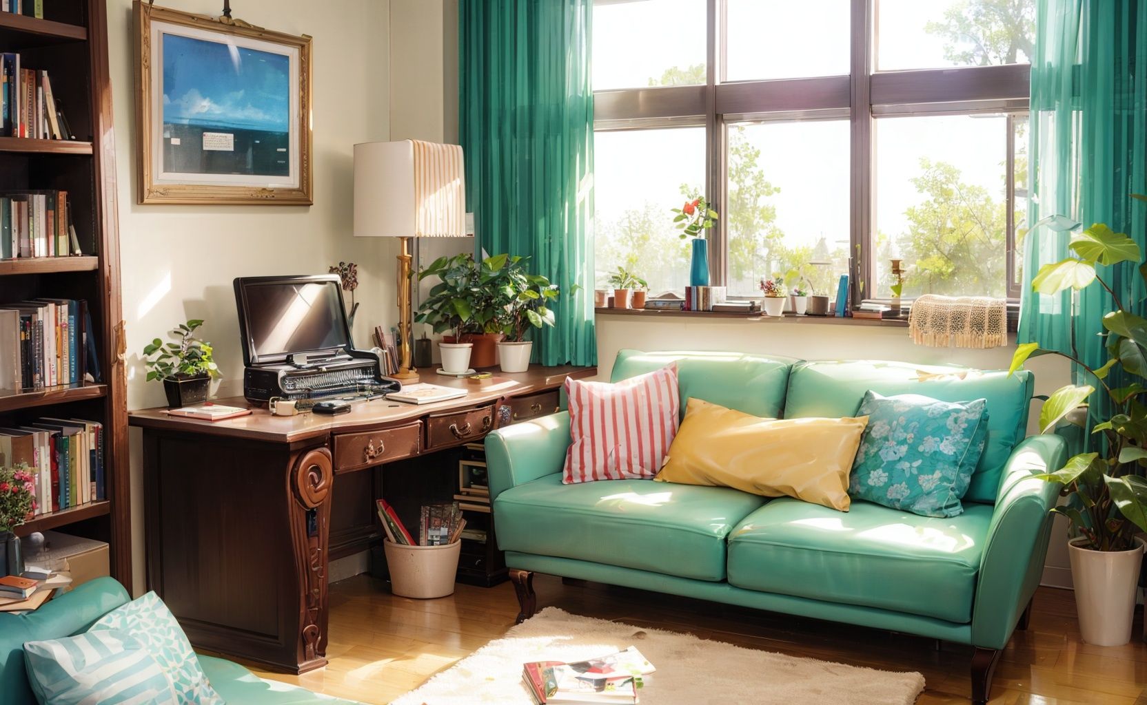 living room,couch,window,curtains,dappled sunlight,potted plant,table,cabinet,bookshelf,paper,desk lamp,typewriter,