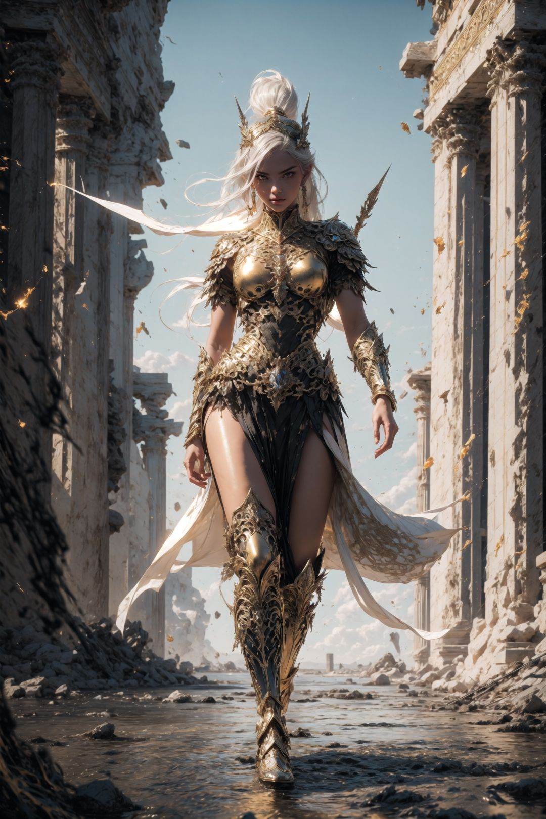 (1 valkyrie warrior girl, solo, long delicated silver hair, bright golden eyes, (((full body photoshot))), stunning detailed white armature with golden filigree decoration, impressive strong, proud look, looking straight), walking straight, abandoned destroyed greek temple location, earthquake effect, debri rocks floating, r1ge, close-up upper body,perfecteyes