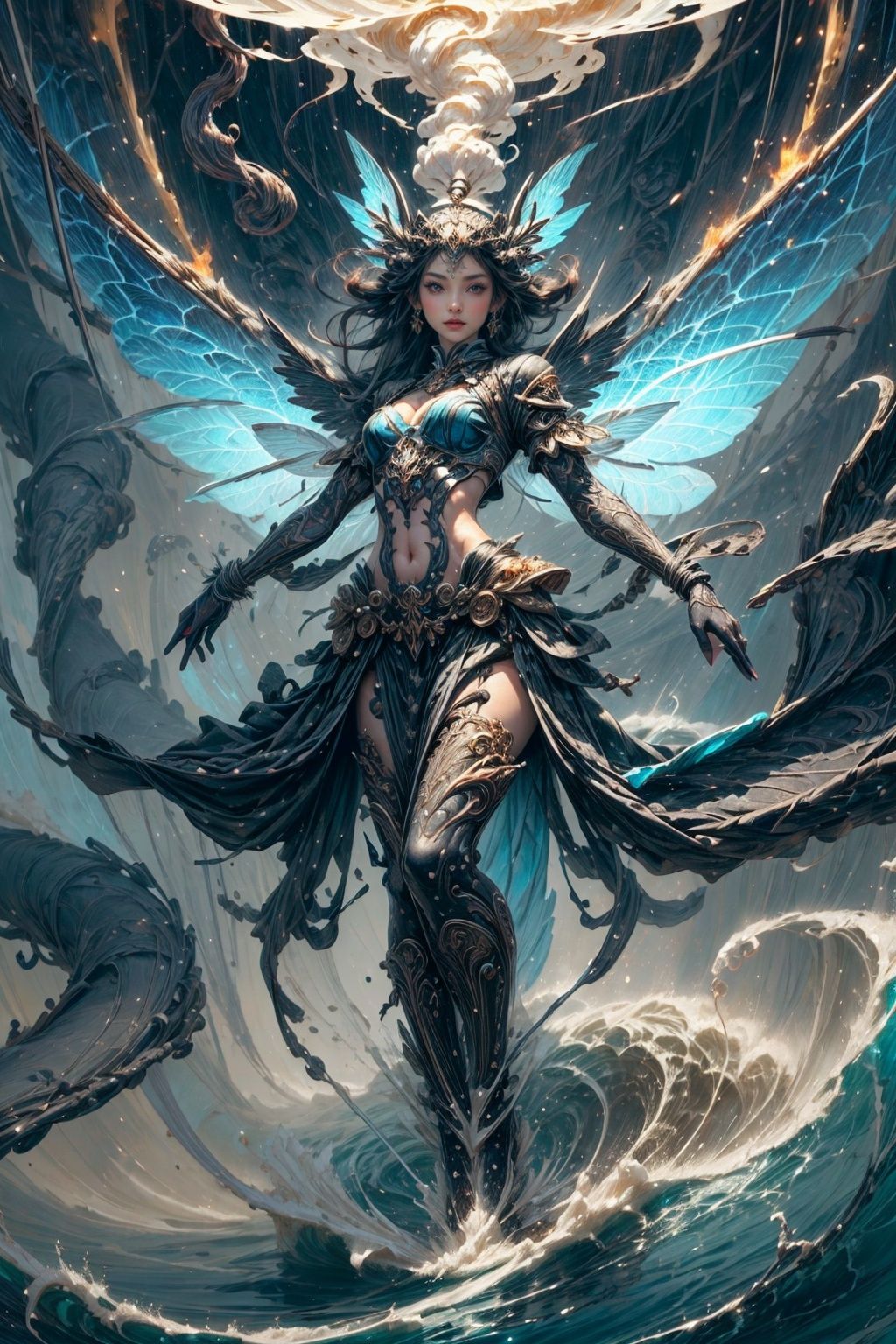 1girl, fairy of water, waves, scales, fairy bio mechanical wings, anatomically correct a bio mechanical made of black steel and gold, High quality, detailed, masterpiece, swirling upward in a spiral of smoke and sparks, 