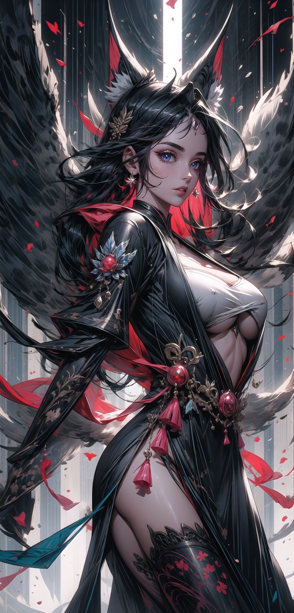 ((cinematic light)), hyper detail, dramatic light, intricate details, 1 girl, ethereal, full body ,big boobs, chaotic dystopian scene, perfect eyes, Angel wings, shimmering radience, cenetered subject, Detailed face, Detailed eyes, Kim Mi-Jung, Scenes of chaos ,blurry_light_background,midjourney,pgr_luna,yaohu
