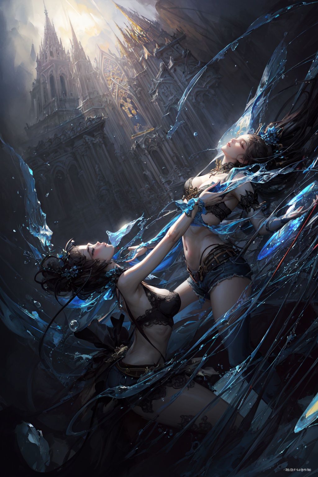 <lora:zhongfenghua:0.5> zhongfenghua, (1girl:1.2), (masterpiece,top quality,best quality,official art,beautiful and aesthetic:1.2), (geometric abstract background:1.4), esoteric,depth of field,watercolor style, (soft blending:1.2), fluid colors, dreamy washes, delicate textures, organic shapes, atmospheric depth, bubble, (dynamic pose), (dynamic angle:1.4), glowing skin,elegant, a brutalist designed, vivid colours, romanticism, Fractal, Mean slim girl, Baking, wearing Insensitive Crop top and denim shorts, Harnes, pores, Ruff, inside a Satin St. Stephen's Cathedral, Detailed illustration, Light, short lighting, One Color, Pixabay, <lora:add_detail:0.8> <lora:LowRA:0.4>