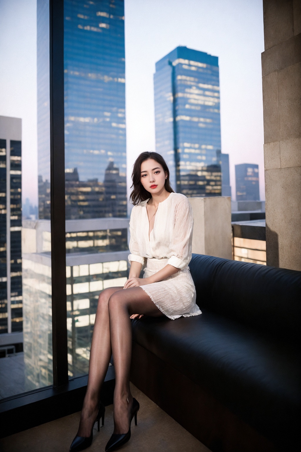 (nikon RAW photo, 8k), (photorealistic:1.3),1girl, full body, solo, fashion portrait, fashionable outfit, stuning dress, pleated skirt,  (black pantyhose), rooftop garden, roofbar, couch, fancy restaurant, table, city background, highrises, skyscraper,cinematic lighting, night view, ((light particles)), realistic, morning sun, dynamic, fresh,best quality, exquisite details, high-resolution, 85mm film, timeless elegance. portrait photography, 85mm film, natural blurry  <lora:h2iai_fullshot_v0.1:0.75>  <lora:perfectpantyhose:0.6> 