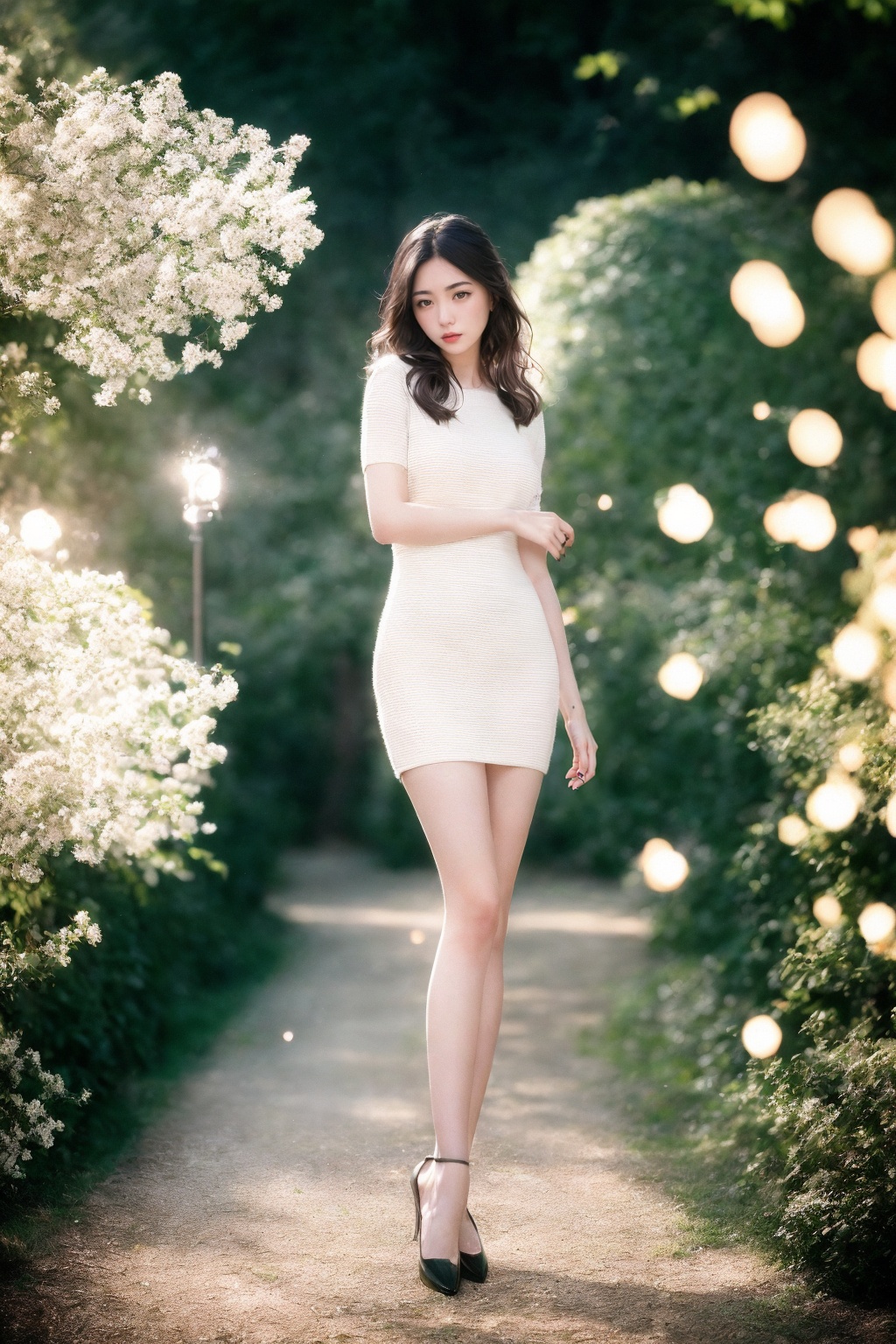 (nikon RAW photo, 8k), (photorealistic:1.3),1girl, full body, solo, fashion portrait, fashionable outfit, stuning dress ,royal garden, classic, cinematic lighting, utopian, euphonium, ((light particles)), realistic, morning sun, dynamic, fresh,best quality, exquisite details, high-resolution, 85mm film, timeless elegance. portrait photography, 85mm film, natural blurry  <lora:h2iai_fullshot_v0.1:0.75> 