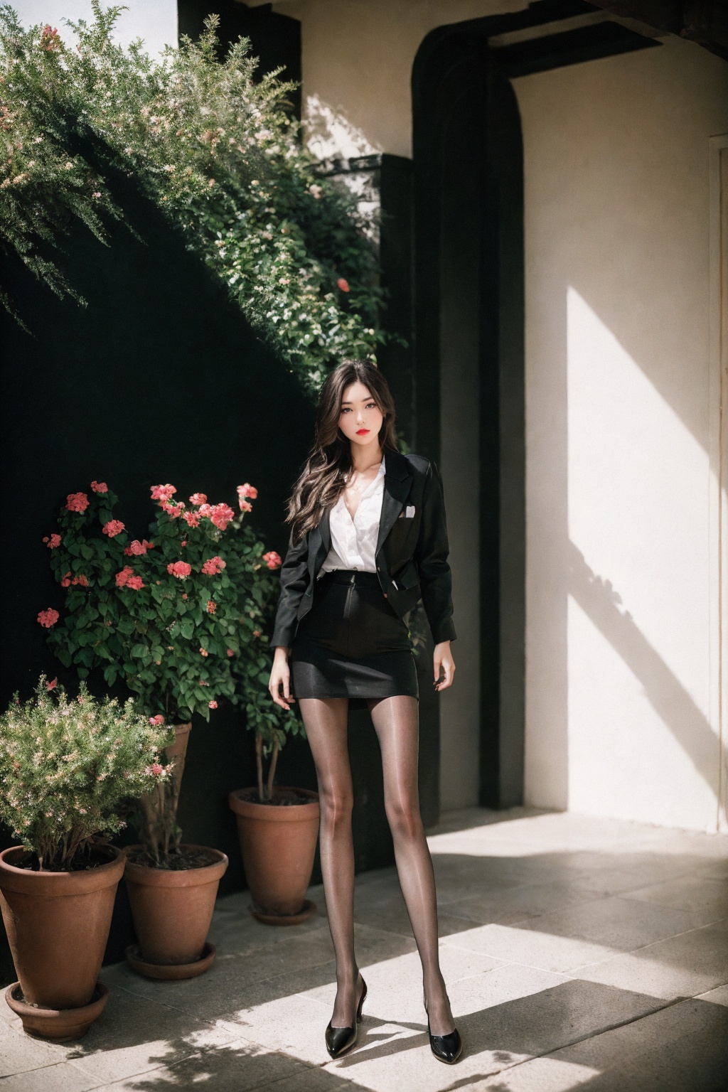 (nikon RAW photo, 8k, Fujifilm XT3), (photorealistic:1.3),1girl, solo, long hair, skirt, black hair, jewelry, standing, jacket, indoors, black footwear, high heels, cup, black jacket,(black pantyhose), plant, potted plant, perfect anatomy, slender, realistic, afternoon sun, warm, nostalgia,best quality, exquisite details, high-resolution, 85mm film, timeless elegance. portrait photography, 35mm film, natural blurry  <lora:h2iai_fullshot_v0.1:0.85>  <lora:perfectpantyhose:0.6>  <lora:FilmVelvia:0.4> 