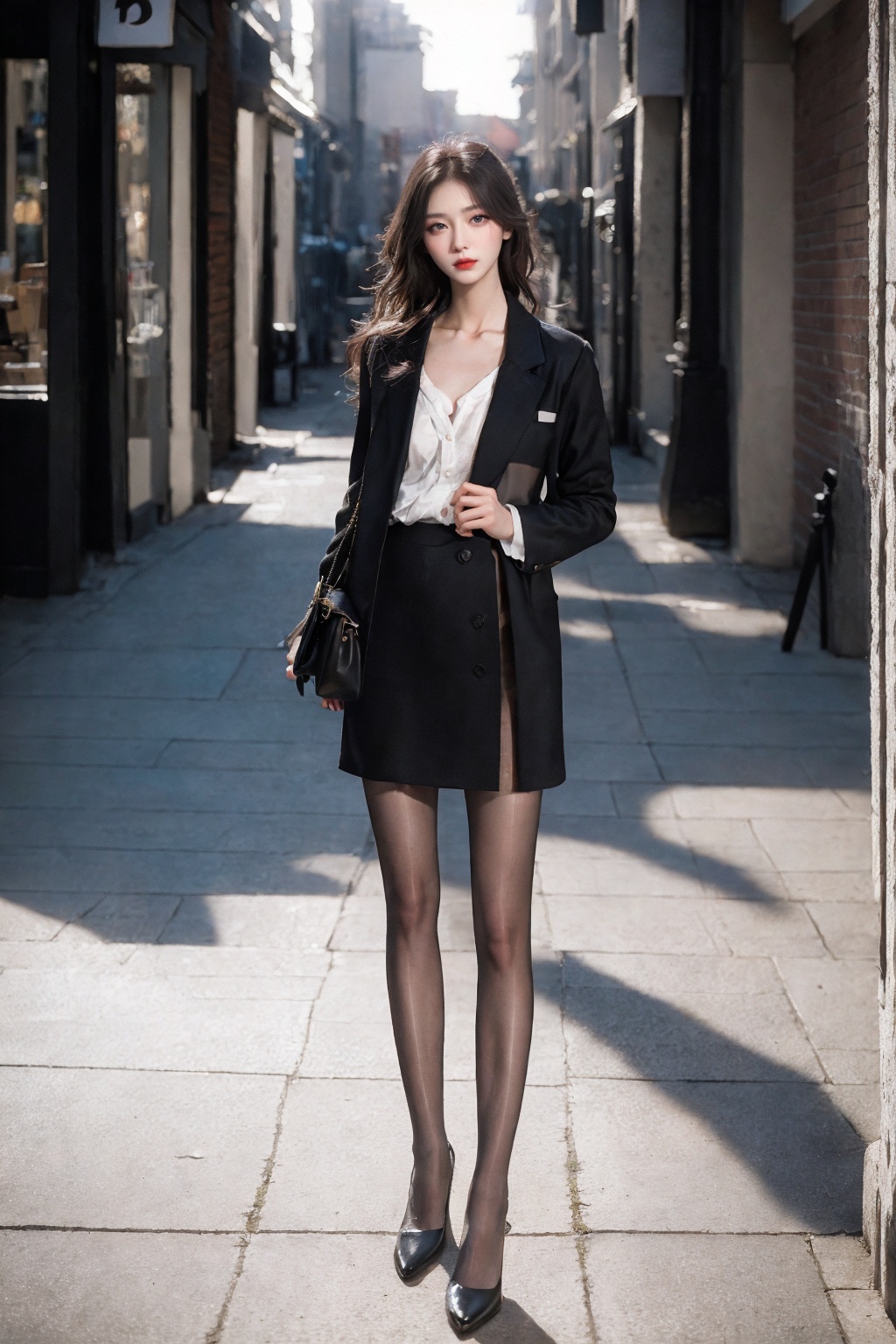 (nikon RAW photo, 8k, Fujifilm XT3), (photorealistic:1.3),1girl, solo, fashion portrait,(black pantyhose), urban street, city, shop, perfect anatomy, slender, realistic, afternoon sun, warm, nostalgia,best quality, exquisite details, high-resolution, 85mm film, timeless elegance. portrait photography, 35mm film, natural blurry  <lora:h2iai_fullshot_v0.1:0.85>  <lora:perfectpantyhose:0.6>  <lora:FilmVelvia:0.4> 