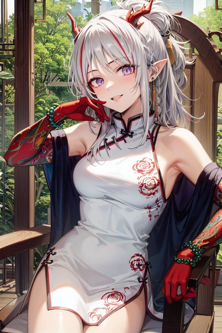 1girl ,cowboy shot,china dress,sitting,chair,cross legs