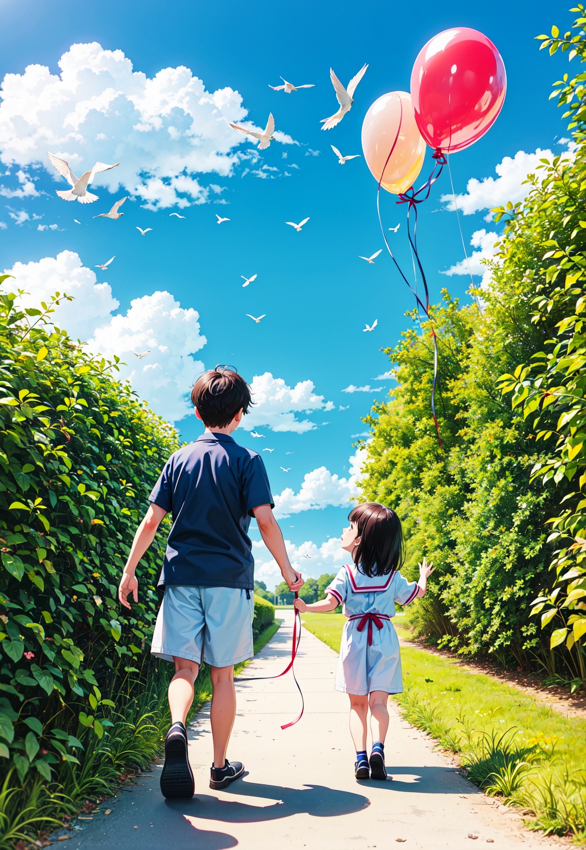 On Children's Day, a cute little girl and a little boy walked in a school covered in balloons. The school is filled with flowers. Colorful ribbons, blue clouds in the sky, and birds. Ultra detail, ultra detail, ultra high definition