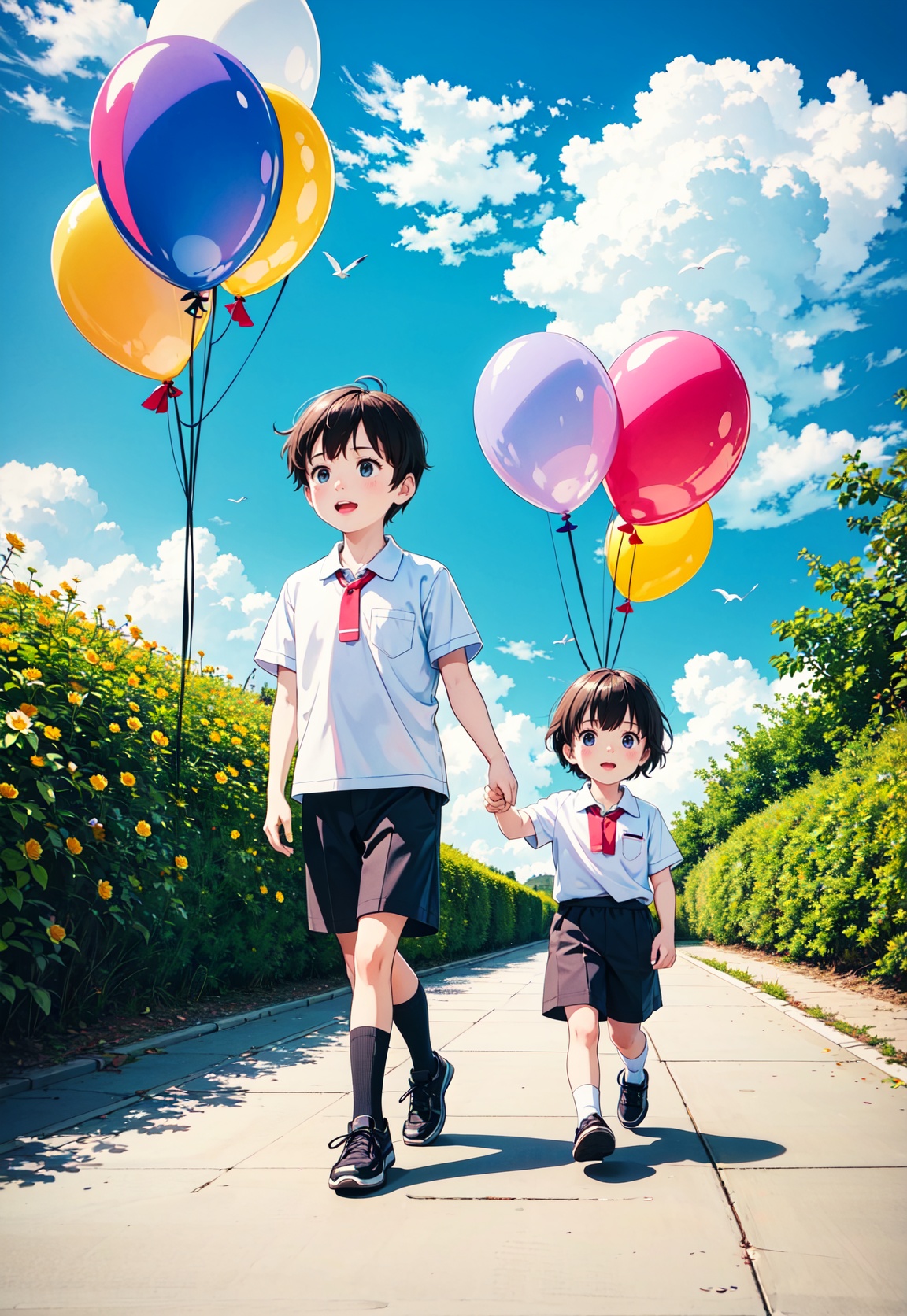 On Children's Day, a cute little girl and a little boy walked in a school covered in balloons. The school is filled with flowers. Colorful ribbons, blue clouds in the sky, and birds. Ultra detail, ultra detail, ultra high definition