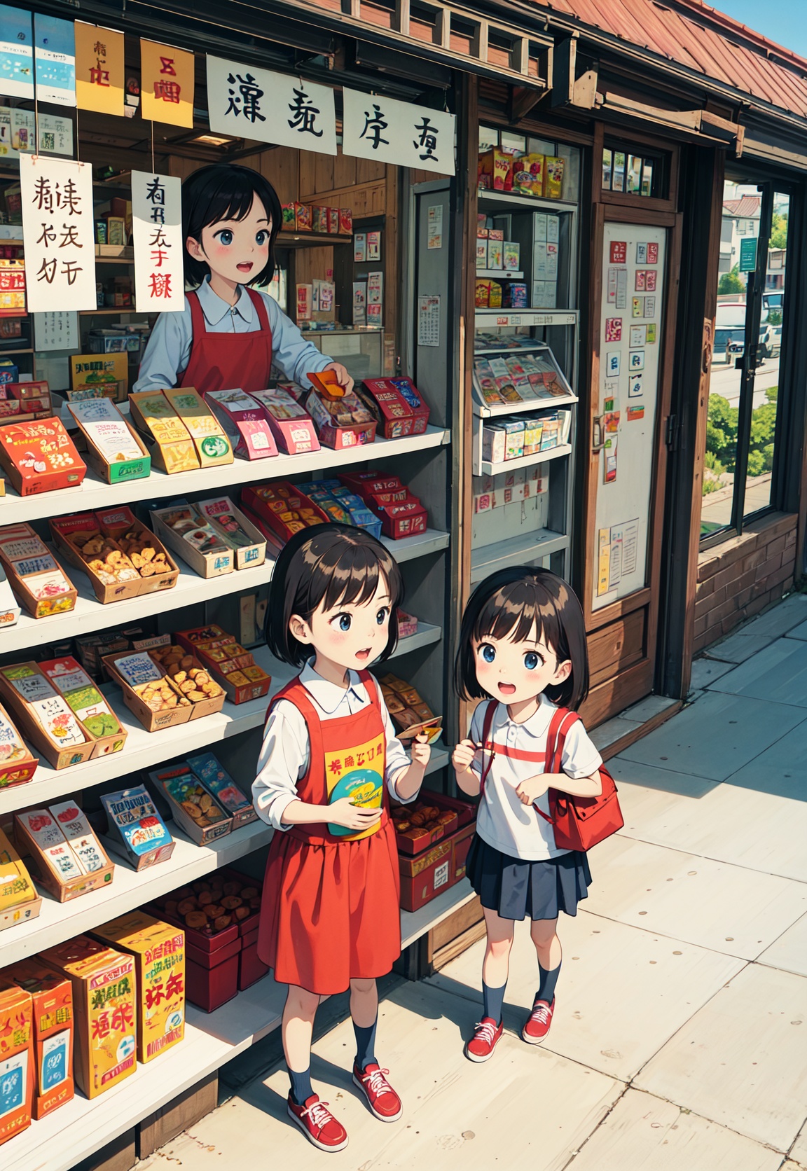 Cute children's illustration, Chinese elementary school students buy snacks at a roadside snack shop. There are many snacks in the shop window, just find them on their faces and share them