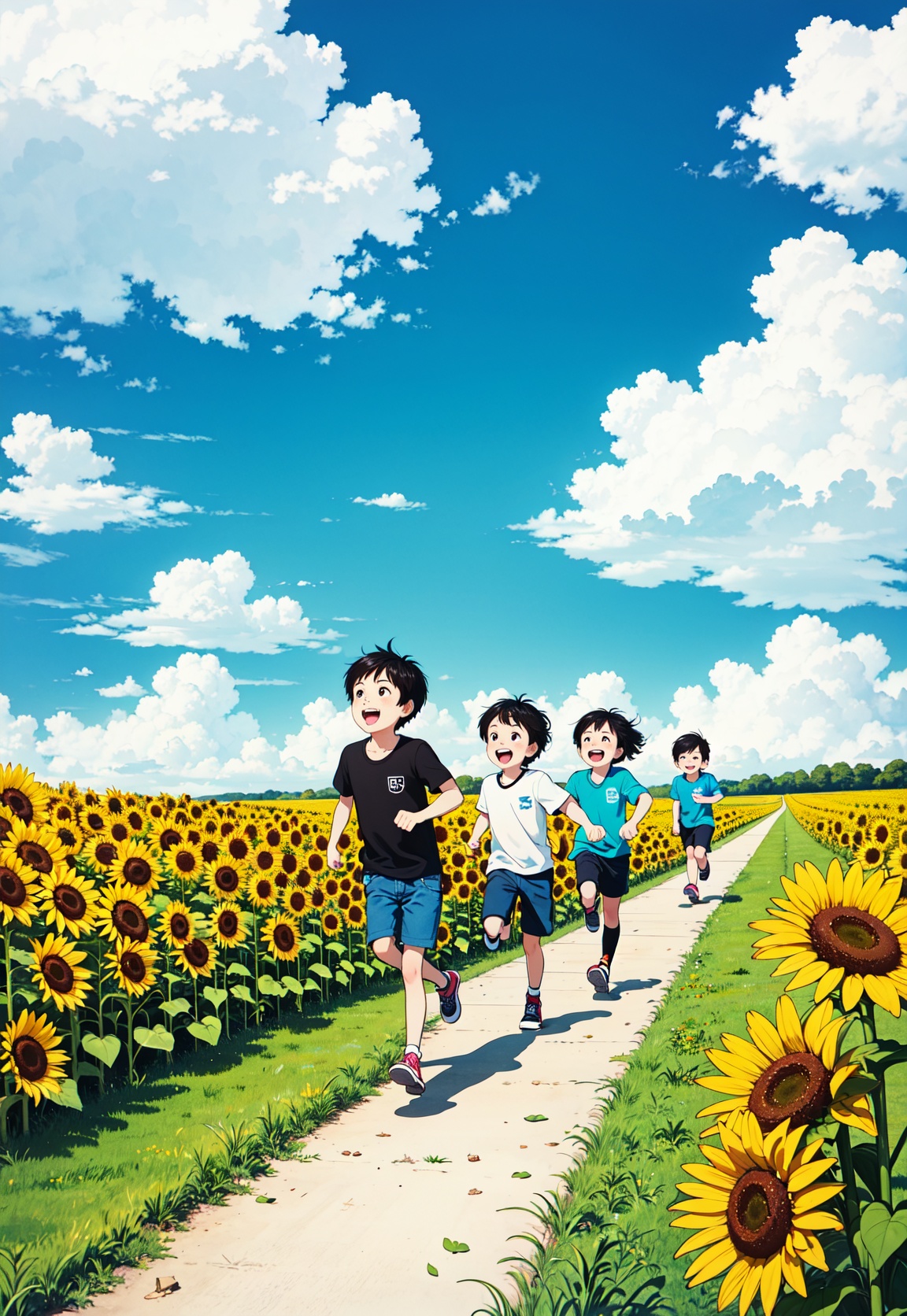  A group of children running on the grass, happy children, Children's Day, happy, around 6 years old, Asian children, black hair, blue sky, white clouds, sunflowers, flowers