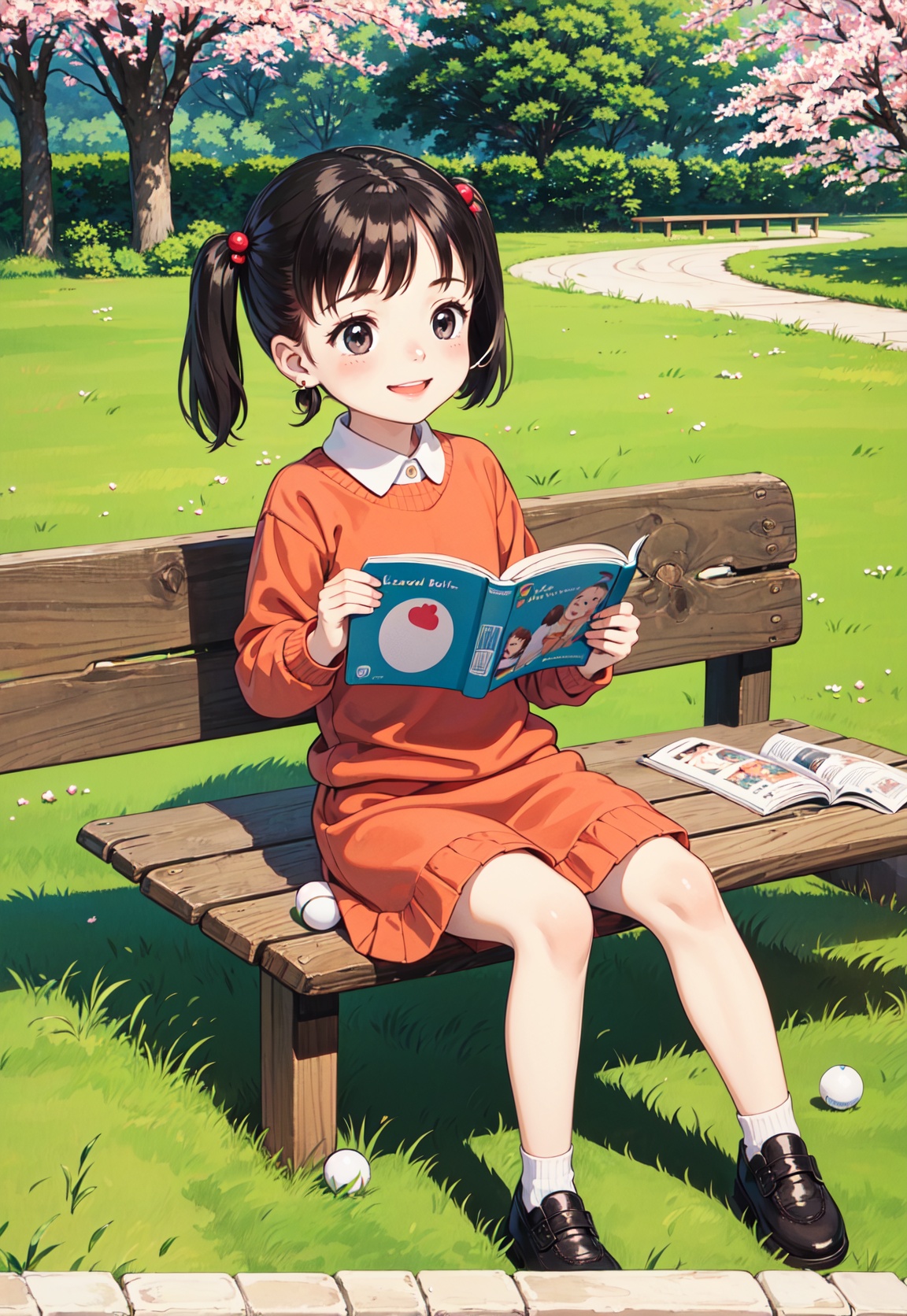 ((A child,small cute plush ball errings,pigtails,jumper skirt,A charming smile,reading picture-story book)),Parks, lawns, cherry trees, benches,masterpiece, best quality,
