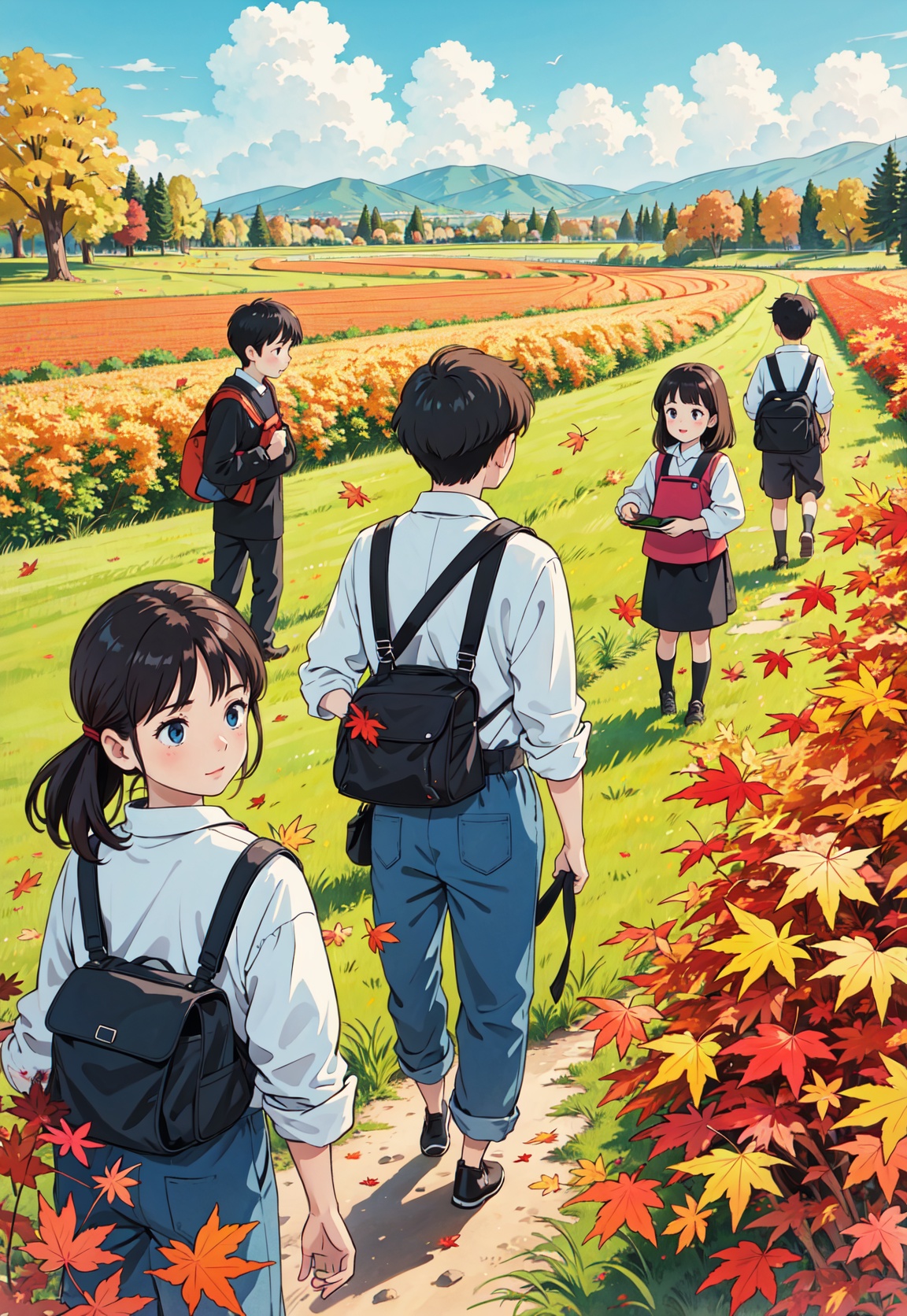 Master's work, in the fields where maple leaves fall, boys and girls, a group of children play in the fields