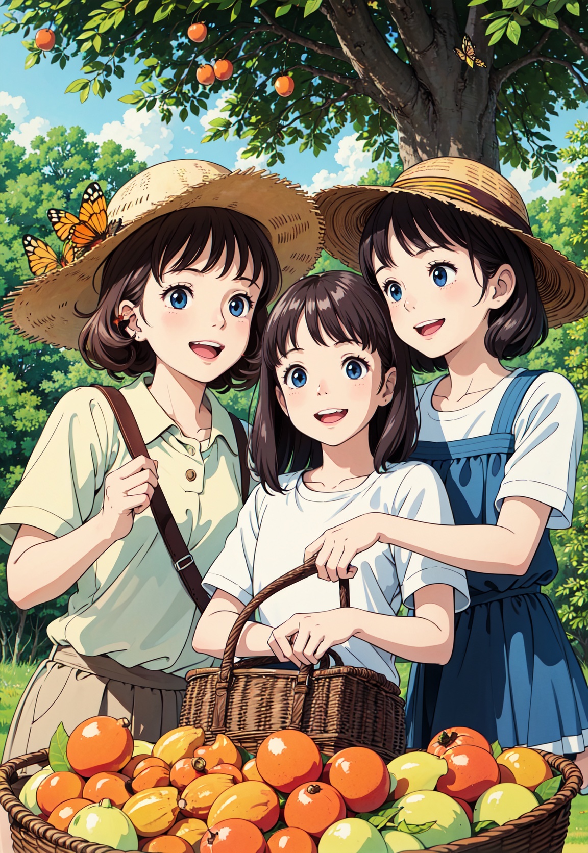 A group of little girls sat under a loquat tree eating a basket full of loquats. Close ups, straw hats, curly hair, big eyes, smiling, laughing heartily, kittens catching butterflies, the tree covered in loquats,