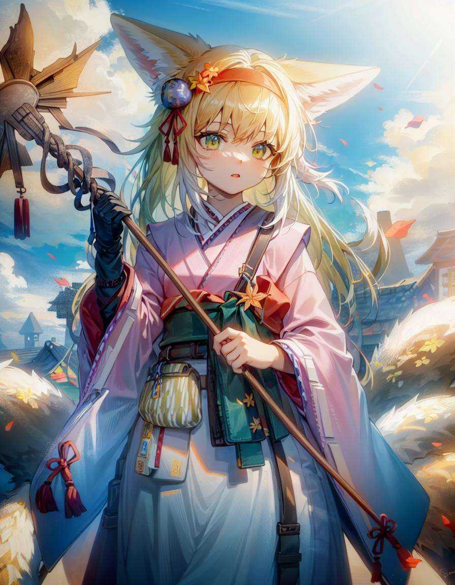 1girl,cowboy shot,((holding staff)),yukibare,maple leaf, 