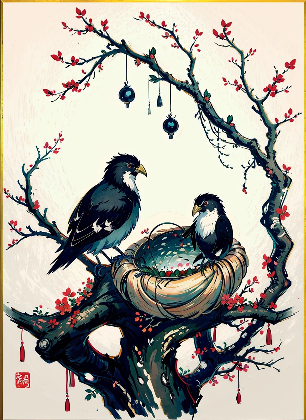A black and white ink painting of a tranquil orchard with Chinese writing on it and a pair of birds building their nest, with a fruit-laden branch in the foreground, An Zhengwen, organic painting, a minimalist painting, art & language, ink and wash,, 
