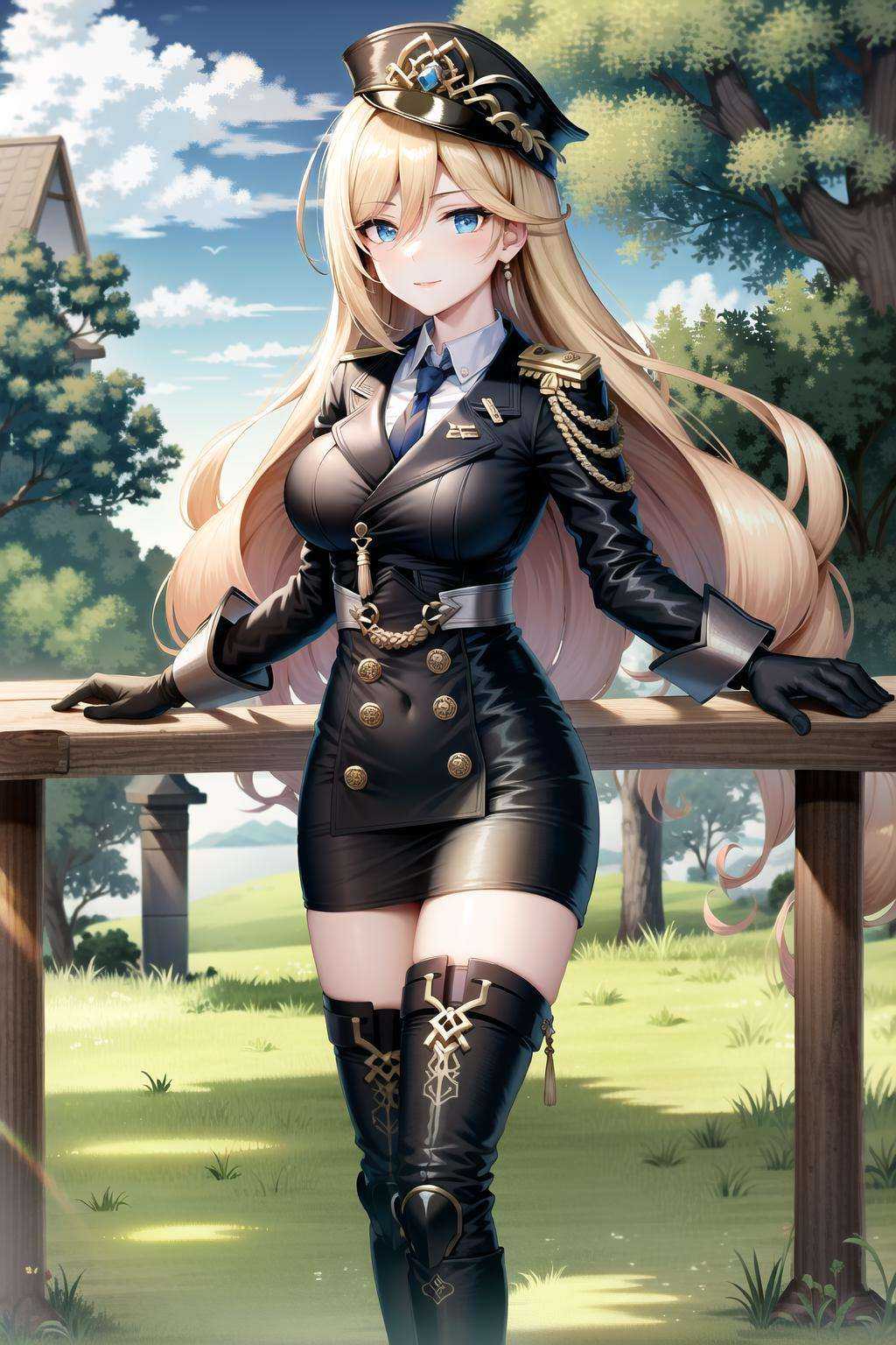 (Realistic painting style:0.9), (faux traditional media:1.1), masterpiece, best quality,  absurdres, looking at viewer, solo,<lora:durandal_veryLow_noise_full:1> bianka durandal ataegina (valkyrie gloria), bianka durandal ataegina, 1girl, blue eyes, solo, blonde hair, military, long hair, hat, military uniform, uniform, looking at viewer, boots, gloves, bangs, military hat, outdoors, closed mouth, jacket, smile, thigh boots, sky, black footwear, grass, thighhighs, hair between eyes, pantyhose, breasts, black headwear, blue sky, black gloves, necktie, spear, black jacket, cloud,  black pantyhose  
