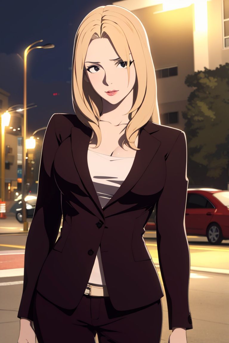 masterpiece, best quality, 1girl, solo, Myers,formal, dynamic pose, outdoors, night, looking at viewer,  blonde hair, <lora:Myers:0.8>