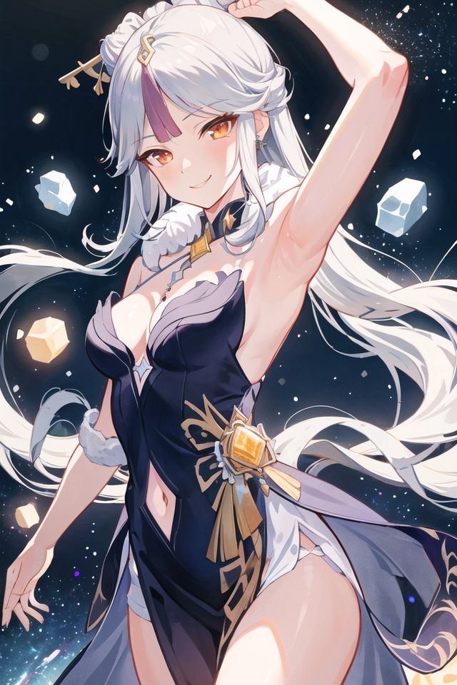 {best quality}, {{masterpiece}}, {highres}, original, extremely detailed wallpaper,(cowboy_shot:1.1),nguanglf, armpits, aurora, breasts, cleavage, constellation, covered_navel, dress, fur_collar, fur_trim, galaxy, jewelry, light_particles, long_hair, medium_breasts, milky_way, night, night_sky, shooting_star, silver_hair, sky, smile, snow, snowing, solo, space, star_\(sky\), starry_background, starry_sky, starry_sky_print, very_long_hair,<lora:翻个的咸鱼手手-v3:0.2>