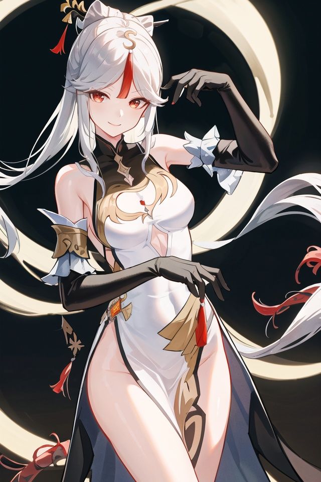 {best quality}, {{masterpiece}}, {highres}, original, extremely detailed wallpaper,(cowboy_shot:1.1),nguang, bangs, bare_shoulders, black_gloves, breasts, china_dress, chinese_clothes, claw_ring, cowboy_shot, detached_sleeves, dress, elbow_gloves, frilled_sleeves, frills, gloves, hair_ornament, hairpin, long_hair, looking_at_viewer, ningguang_\(genshin_impact\), parted_bangs, pelvic_curtain, red_eyes, silver_hair, simple_background, smile, solo, tassel, very_long_hair, white_hair,<lora:翻个的咸鱼手手-v3:0.2>