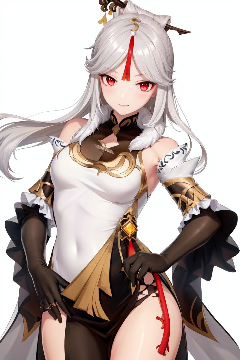 (8k, best quality, masterpiece), ultra-detailed, (high detailed skin), <lora:(v2)nguang-000004:1>, nguang, bangs, bare_shoulders, black_gloves, china_dress, claw_ring, detached_sleeves, elbow_gloves, frilled_sleeves, frills, hair_ornament, hairpin, long_hair, ningguang_\(genshin_impact\), parted_bangs, red_eyes, silver_hair, tassel, (white background, simple background:1.4), (black outline:1.2), 
