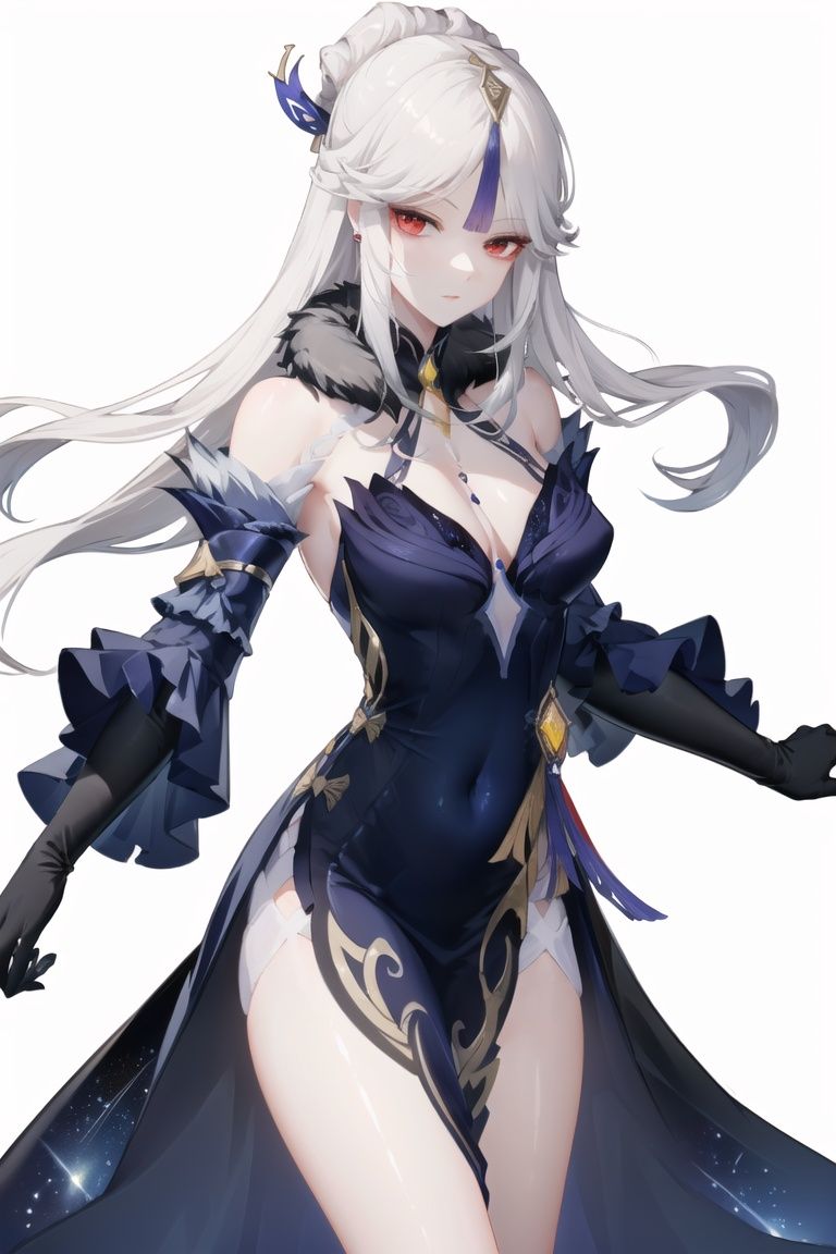(8k, best quality, masterpiece), ultra-detailed, (high detailed skin), <lora:(v2)nguang-000004:0.85:char>, (nguanglf:1.1), cleavage, constellation, covered_navel, blue dress, fur_collar, fur_trim, galaxy, jewelry, long_hair, medium_breasts, silver_hair, space, starry_sky_print, very_long_hair, (white background, simple background:1.4), (black outline:1.2), 