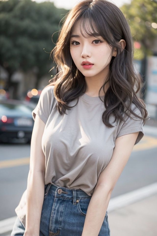 masterpiece,best quality,extremely detailed CG unity 8k wallpaper,(masterpiece),(best quality),(ultra detailed),(ultra realistic),(Best character details:1.36),nikon d750 f/1.4 55mm,dynamic angle,professional lighting, photon mapping, radiosity, physically-based rendering,outdoors,looking at viewer,blush,(taut shirt), jeans,1girl,(mature female:0.2),tall body,golden proportions,(Kpop idol),(shiny skin:1.2),(oil skin:1.1),makeup,[:(high detailed face:1.2):0.2]:, <lora:cuteGirlMix4_v10:0.8>, (close up), park, depth of field, <lora:seeThroughSilhouette_v10:0.5>,( closed mouth: 0.5)((wavy gray hair and a sophisticated sense of style)),(aegyo sal:1),(puffy eyes),(eyelashes:1.1),(parted lips:1.1),red lipstick,wide shoulders,