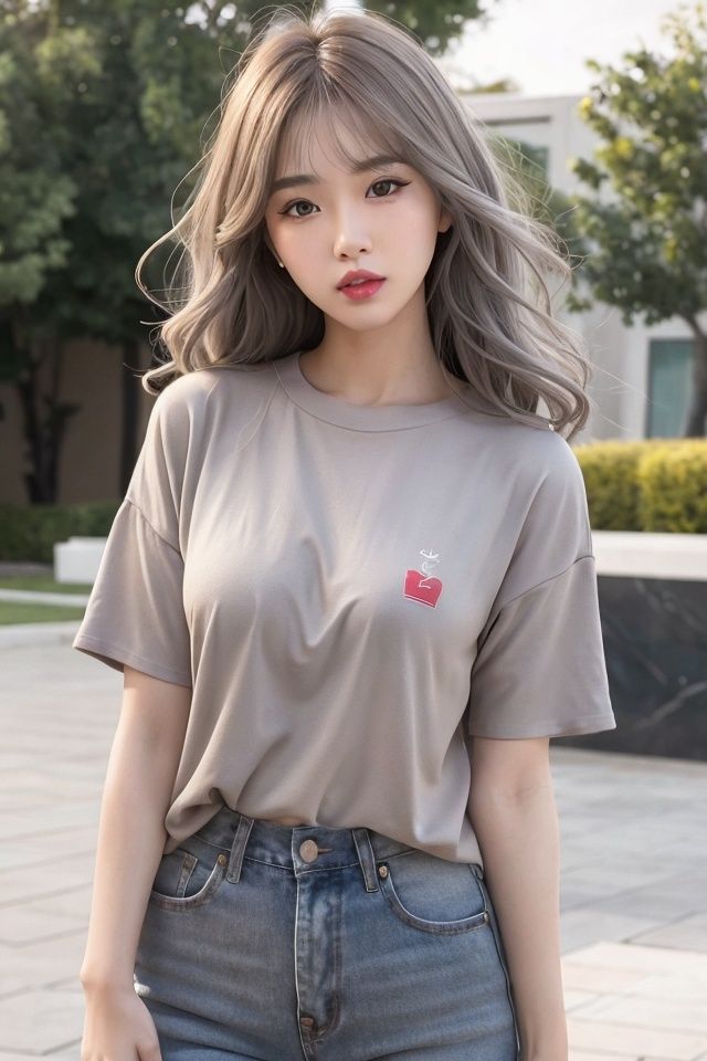 masterpiece,best quality,extremely detailed CG unity 8k wallpaper,(masterpiece),(best quality),(ultra detailed),(ultra realistic),(Best character details:1.36),nikon d750 f/1.4 55mm,dynamic angle,professional lighting, photon mapping, radiosity, physically-based rendering,outdoors,looking at viewer,blush,(taut shirt), jeans,1girl,(mature female:0.2),tall body,golden proportions,(Kpop idol),(shiny skin:1.2),(oil skin:1.1),makeup,[:(high detailed face:1.2):0.2]:, <lora:cuteGirlMix4_v10:0.8>, (close up), park, depth of field, <lora:seeThroughSilhouette_v10:0.5>,( closed mouth: 0.5)((wavy gray hair and a sophisticated sense of style)),(aegyo sal:1),(puffy eyes),(eyelashes:1.1),(parted lips:1.1),red lipstick,wide shoulders,