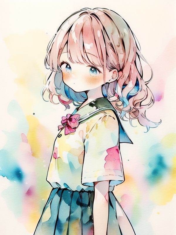 colorful background,watercolor,1girl,school uniform,pink hair, from front,