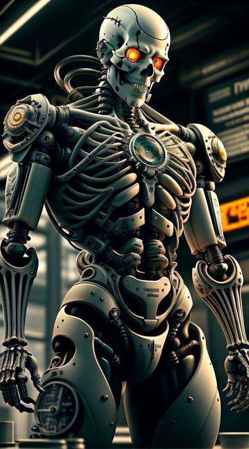 a HDR photograph of a badass masculine man,  skeleton made of steel ,  pumps and gauges on Tensor.Art