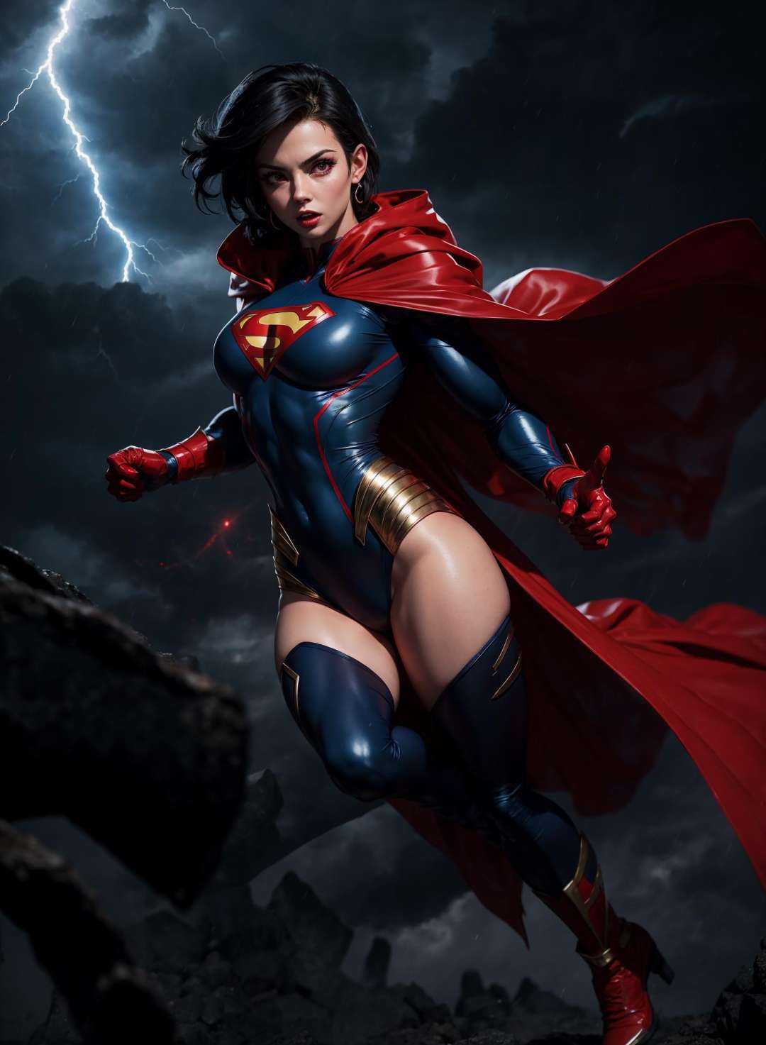 muscular lady in superman costume flying in sky,  short black hair,  red cape on Tensor.Art