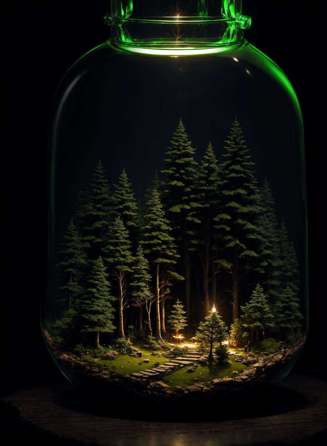 (An intricate forest minitown landscape trapped in a bottle),  atmospheric oliva lighting,  on the table on Tensor.Art