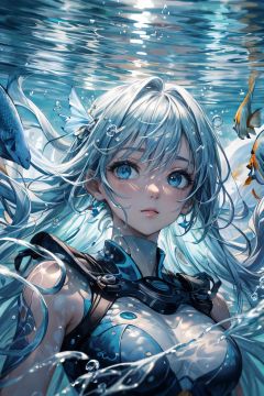 abstract background,(illustration:1),masterpiece,best quality,detailed face and eyes,1 girl,underwater hair physics,air bubbles,light coming through water,reflections,laying in water,split layers of water,school of fish,beauty,