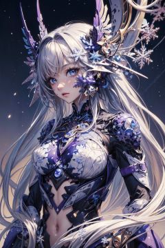(masterpiece, top quality, best quality, official art, beautiful and aesthetic:1.2),(1girl),extreme detailed,(fractal art:1.3),colorful,highest detailed..,Purple,White,Blue,Chest,Abdomen,Snowflakes falling,(whole body:1.5),a face,(Only one face.:1.1),.