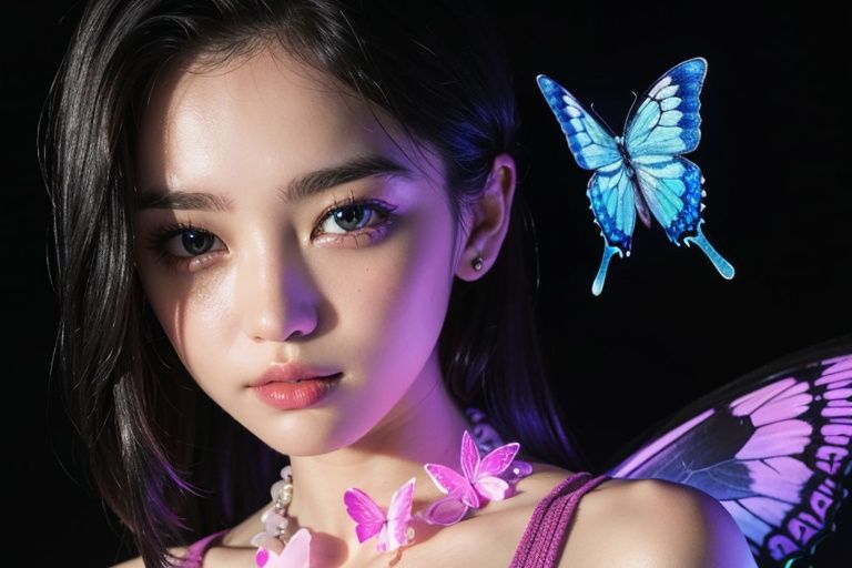 (masterpiece, top quality, best quality, official art, beautiful and aesthetic:1.2), , extreme detailed,(fractal art:1.3),colorful,highest detailed,Dreamy Atmosphere,Bright color,Complete clothes.
(1girl:1.5), goddess, pink dress, purple clothes, magnificent, luxurious, small breast,(Butterfly:1.3),
Upper body close-up, edge virtual focus, diffuse reflection,( ray of light)
[painted in the style of Glitch art],
(neon light:1.1)