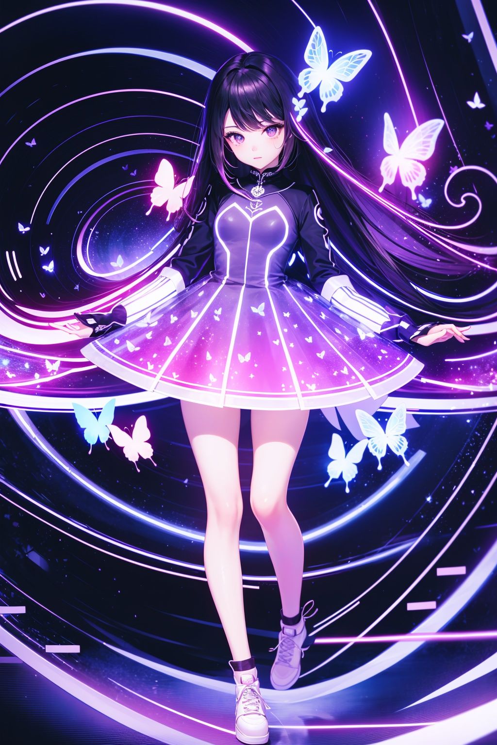 (masterpiece, top quality, best quality, official art, beautiful and aesthetic:1.2), , extreme detailed,(fractal art:1.3),colorful,highest detailed,Dreamy Atmosphere,Bright color,Complete clothes.

(1girl:1.5), goddess, slightly muscular, pink dress, purple clothes, magnificent, luxurious, small breast,(Butterfly:1.3),

Upper body close-up, totem, edge virtual focus, diffuse reflection,( ray of light)

[painted in the style of Glitch art],

tarot, (neon light:1.1)

1girl, gray hair, lighting, shining, around in circle, yin and yang,  Alchemy Formation , city background, only full body, 

