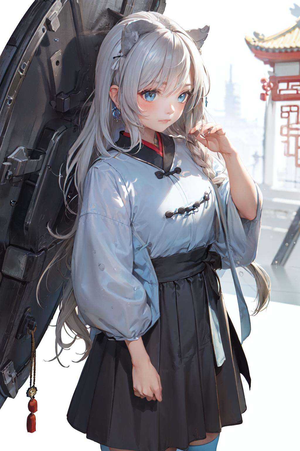 [(Transparent background:1.5)::5]，1girl,(gray hair:1.1), beautiful detailed eyes,gray eyes,bangs,side braid,((((sky blue:1.2) and red Ancient Chinese (Ru skirt)))),(White stockings),large breasts,(Dynamic actions),Dark, empty, nighttime, young girl,(Random actions) , solitary, contemplative, golden ratio, dim lighting, stillness, serenity, introspection, peaceful, moonlight, window, raindrops, distant cityscape, quiet, peacefulness，close up