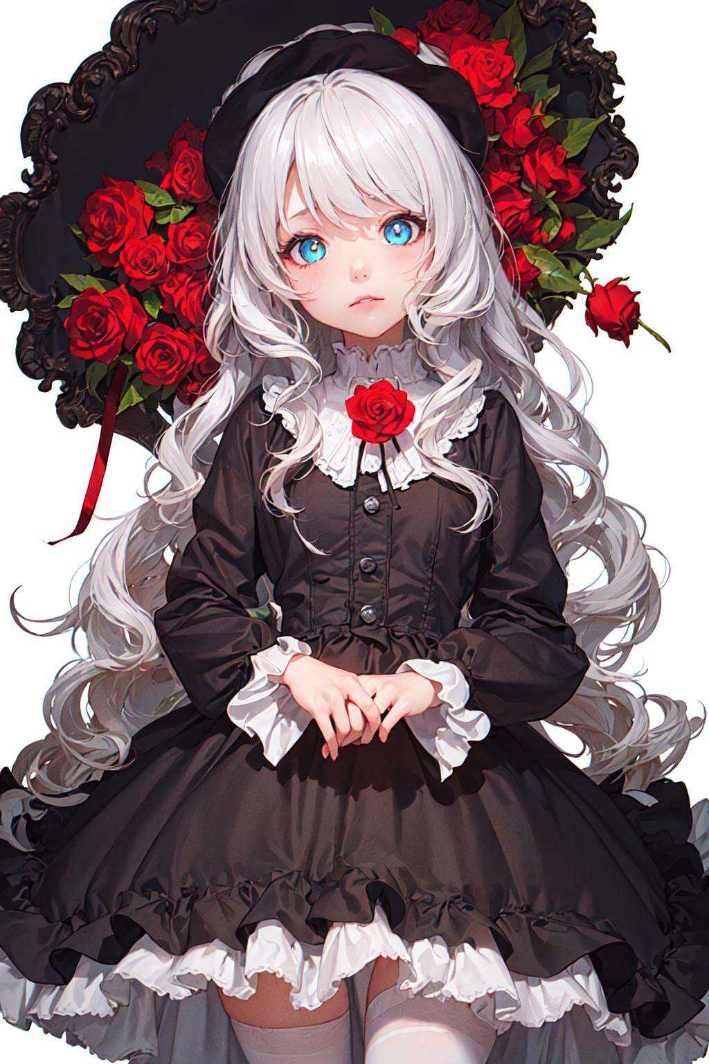 (((masterpiece))), best quality, illustration,white background, sunlight, (((beautiful detailed eyes))), 1girl, expressionless, ((wavy hair)),(((disheveled hair))), messy hair,long bangs, hairs between eyes, extremely detailed, standing,(((loli)),gothic_lolita,ruby pupils, silver_hair,Surrounded by ((colorful)) roses