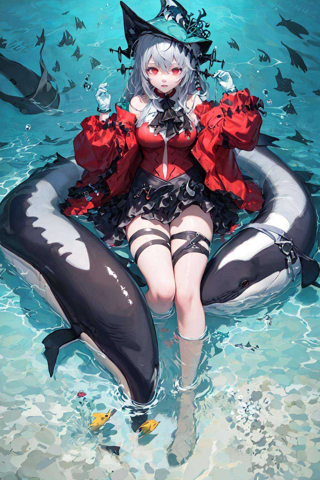 (((chibi))),(loli),1girl,solo,(((Underwater))),posing,abyssal,(((killer whale))),Film perspective,Selfie,Fisheye effect,<lora:arknightsSkadiThe_v10:1>,red hat,red skadi