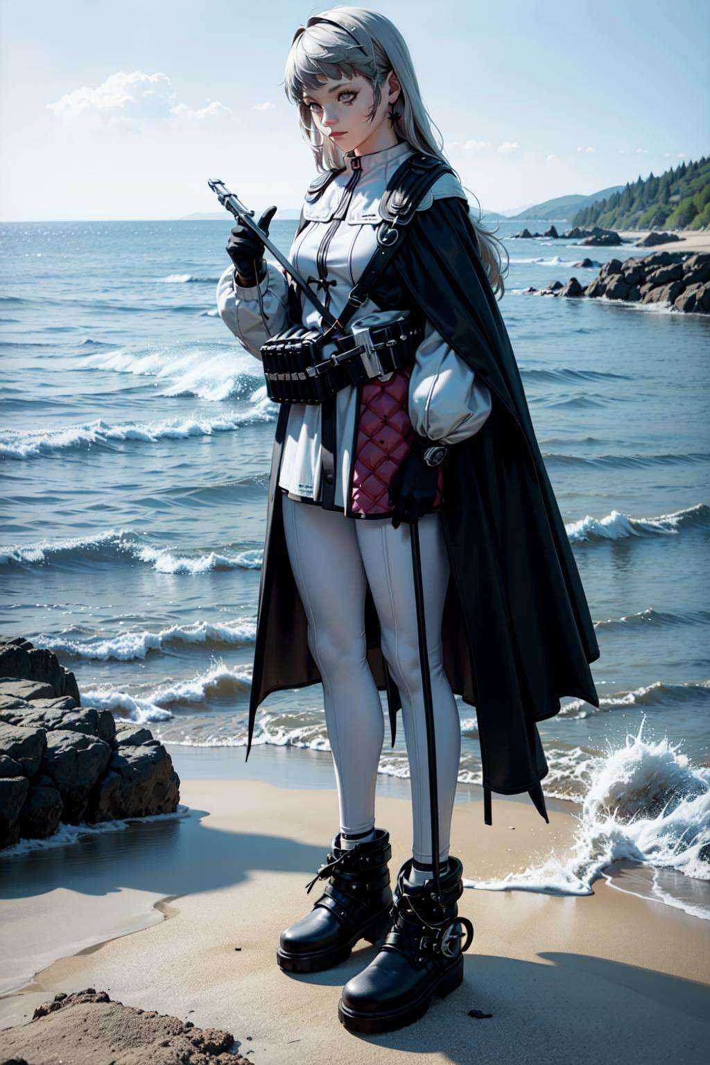 <lora:艾丽妮:1>,   full body，gray hair，stand, best quality, ultra high res, (photorealistic:1.4)，Deep sea, seabed,Raise weapons